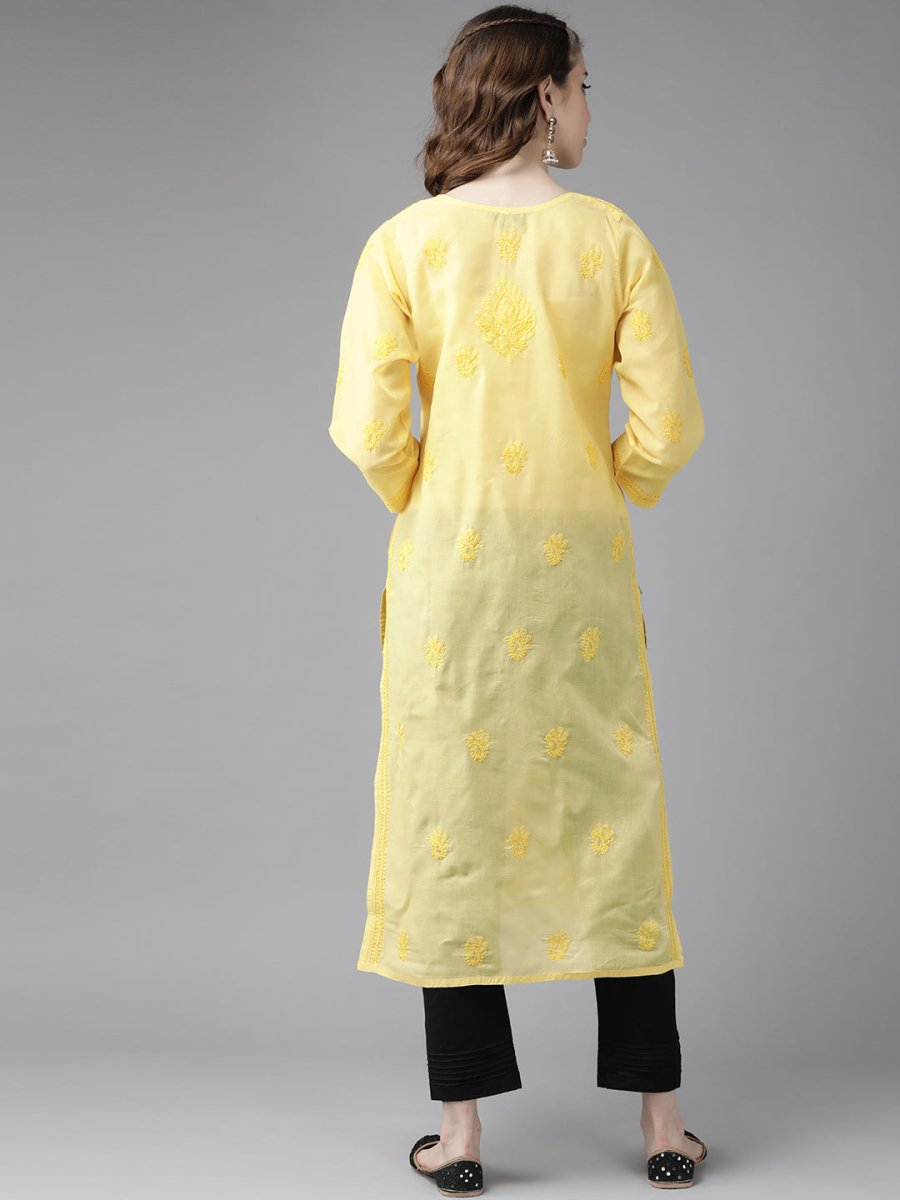ADA Women Yellow & Black Chikankari Embroidered Handloom Kurta with Cotton Trousers | Swadesiicart