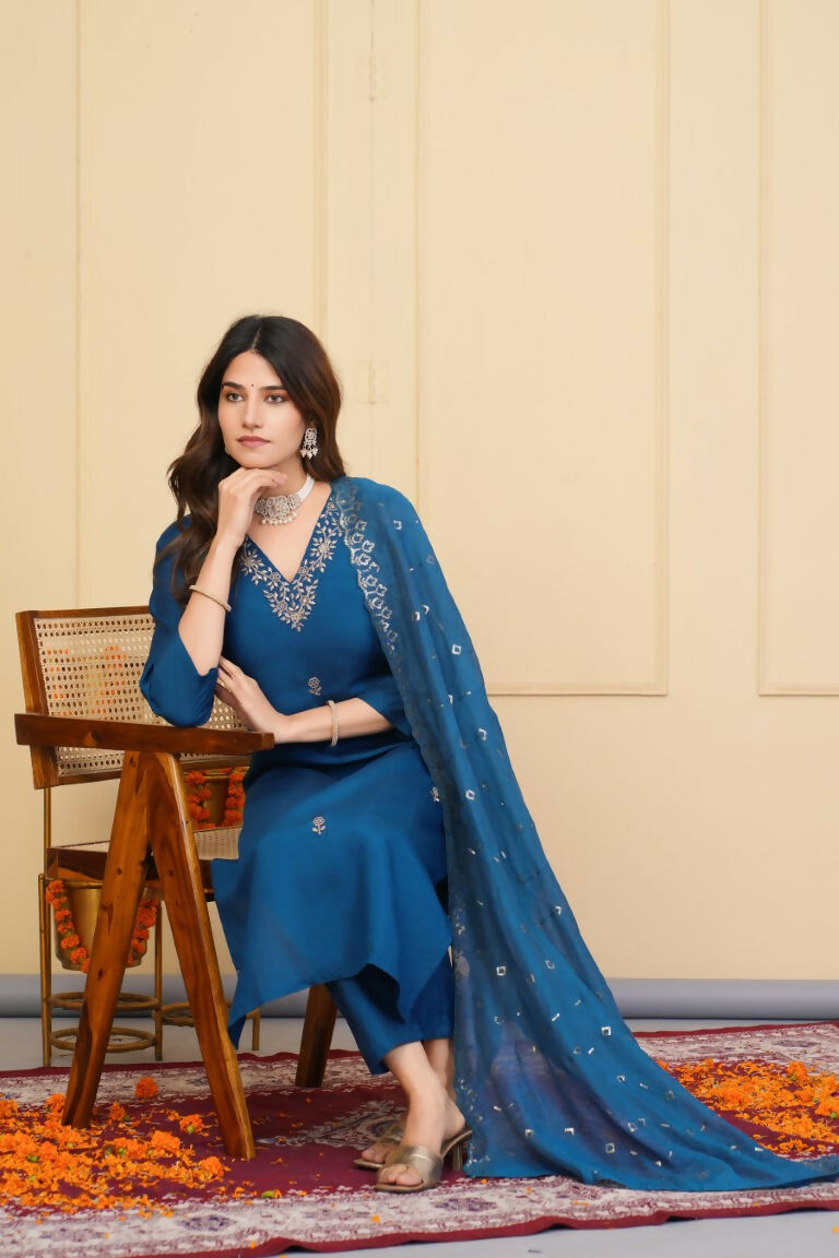 Rama Viscose Chanderi Embroidered Stitched Suit With Dupatta - Tanisha | Swadesiicart