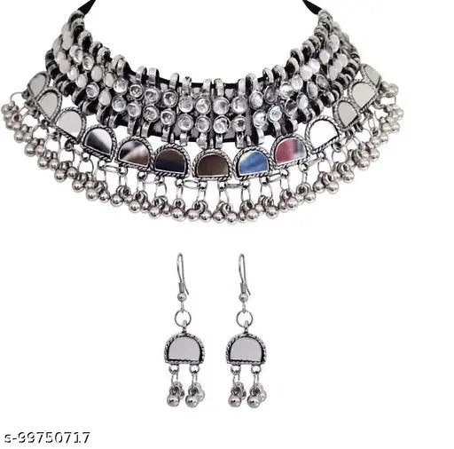 Tehzeeb Creations Women's Silver Plated Necklace Set With Mirror Design - Swadesiicart