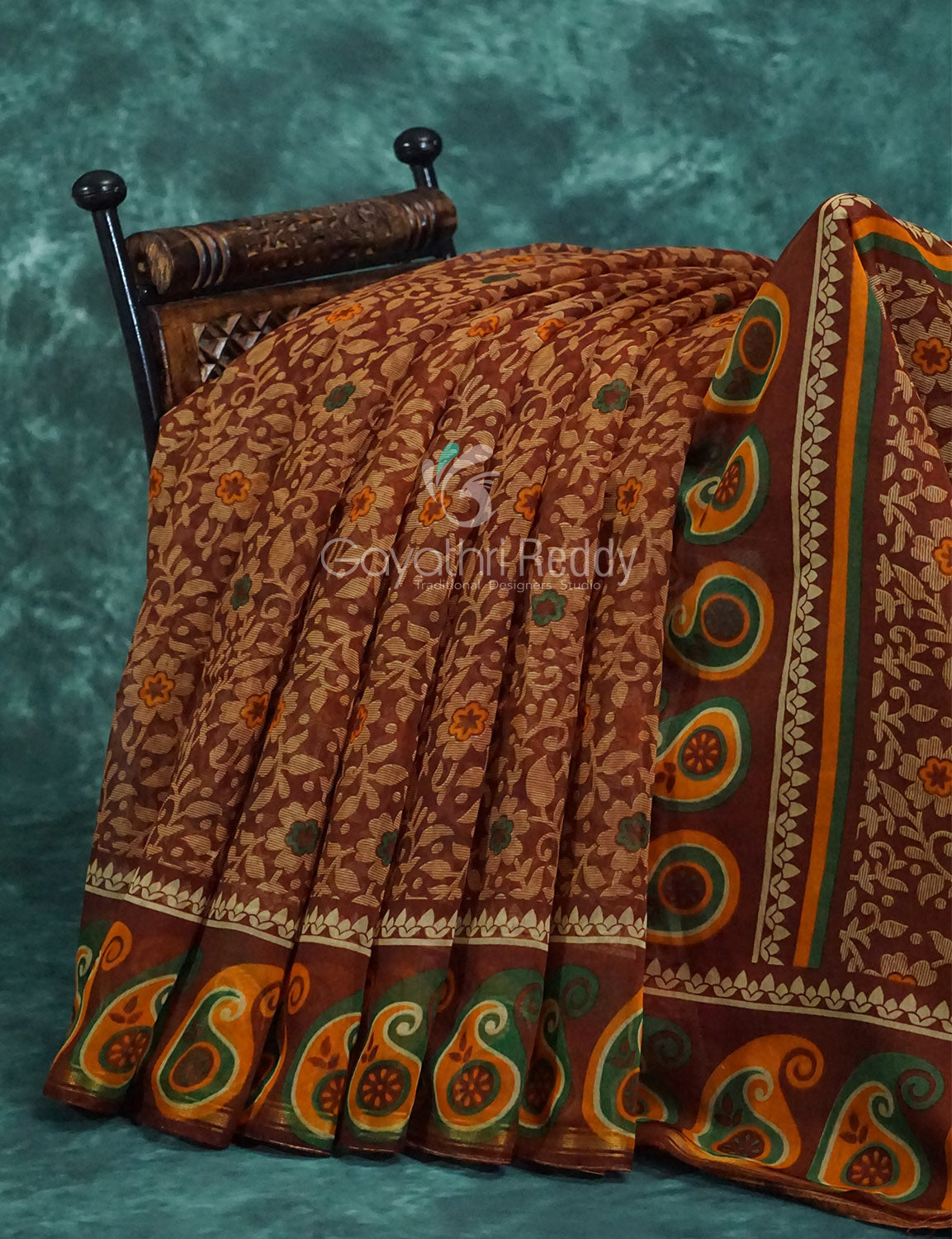 Maroon Brown Mix Floral PrintSemi Chanderi Saree By Gayathri Reddy Designer Studio | Swadesiicart