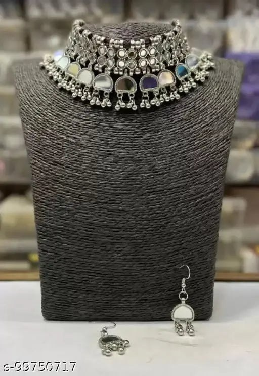 Tehzeeb Creations Women's Silver Plated Necklace Set With Mirror Design - Swadesiicart