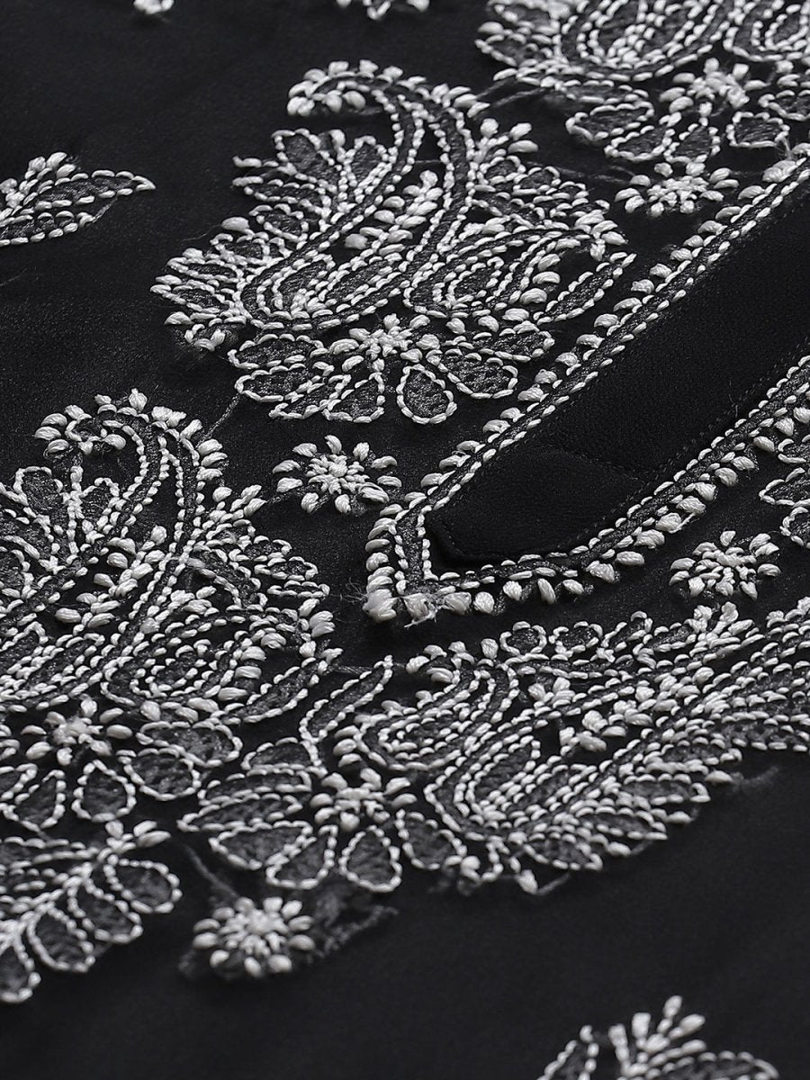 ADA Women Black & White Paisley Chikankari Embroidered Straight Handloom Kurta | Swadesiicart