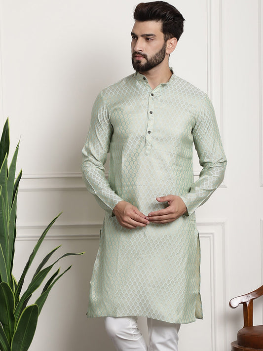 Sojanya Men Green & Beige Ethnic Motifs Jacquard Woven Design Straight Kurta | Swadesiicart