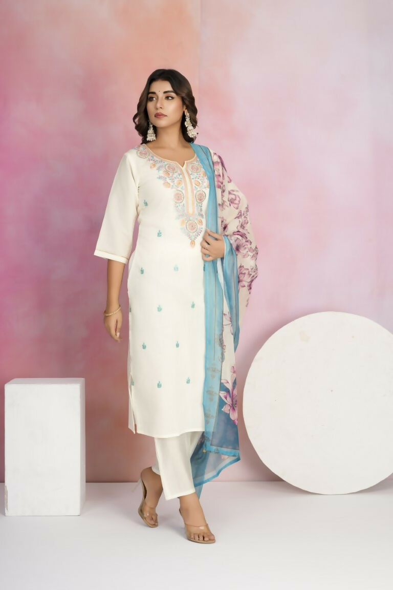 Ethnic Festive Wear Viscose Chanderi Off White Stitched Suit With Dupatta - Tanisha | Swadesiicart