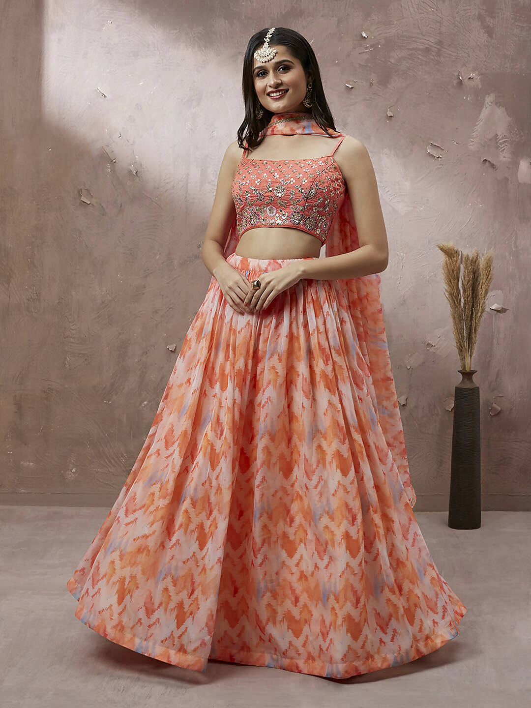 House of Panchhi Peach Organza Floral Printed Lehenga choli & Dupatta | Swadesiicart