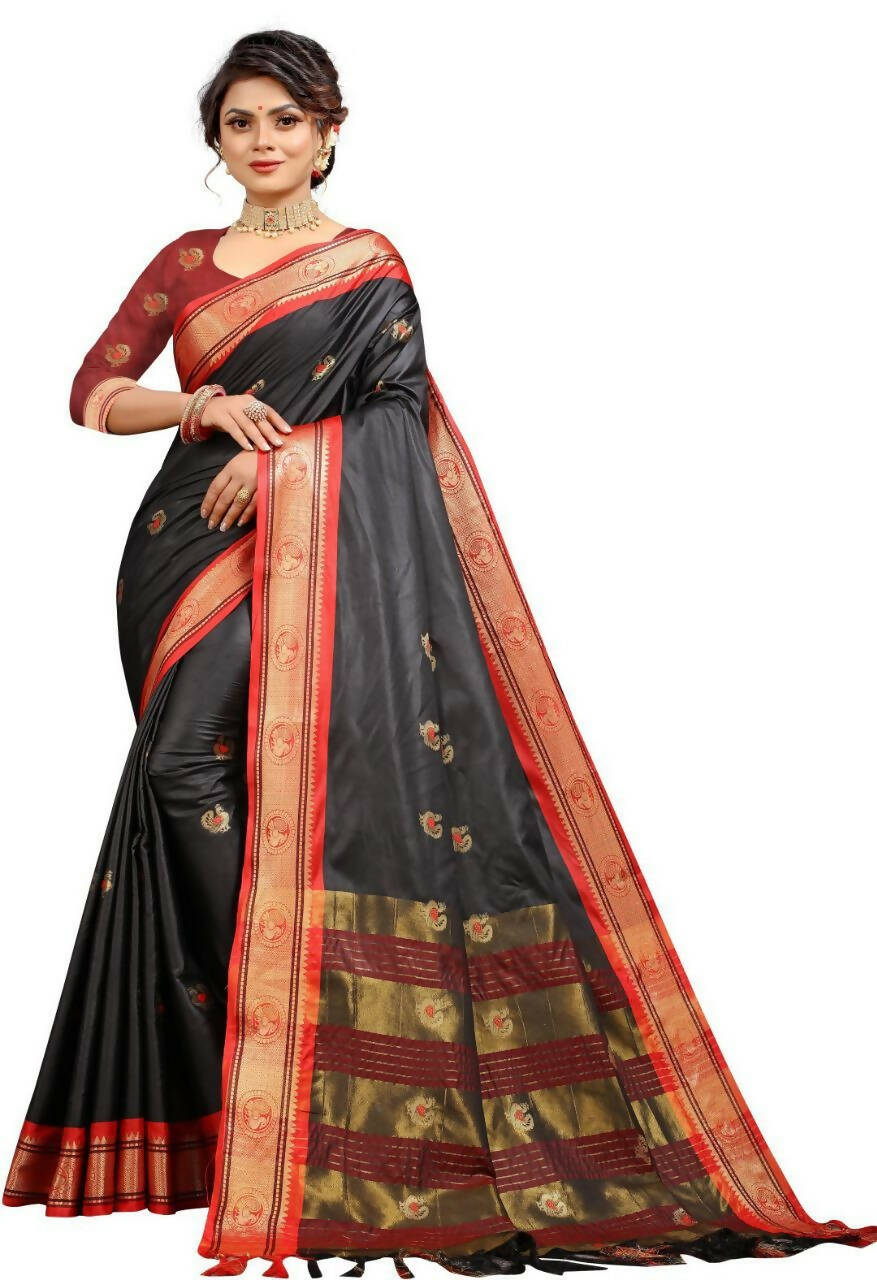 DEIANA'S Beautiful Designer Golden zari Soft Lichi Silk Saree - Black - Swadesiicart