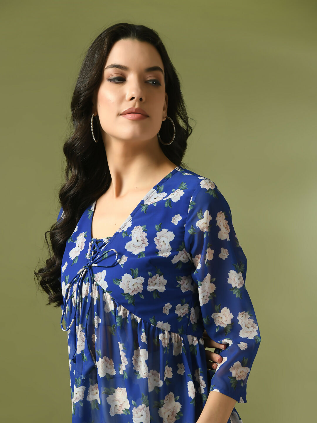 Myshka Women's Blue Printed Georgette A-Line Nyra-cut Kurta - Swadesiicart