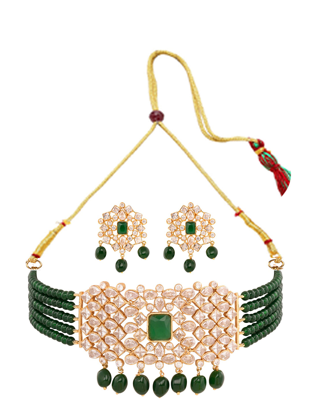 Saraf RS Jewellery Gold-Polished White & Green American Diamond Studded Choker Jewellery Set | Swadesiicart