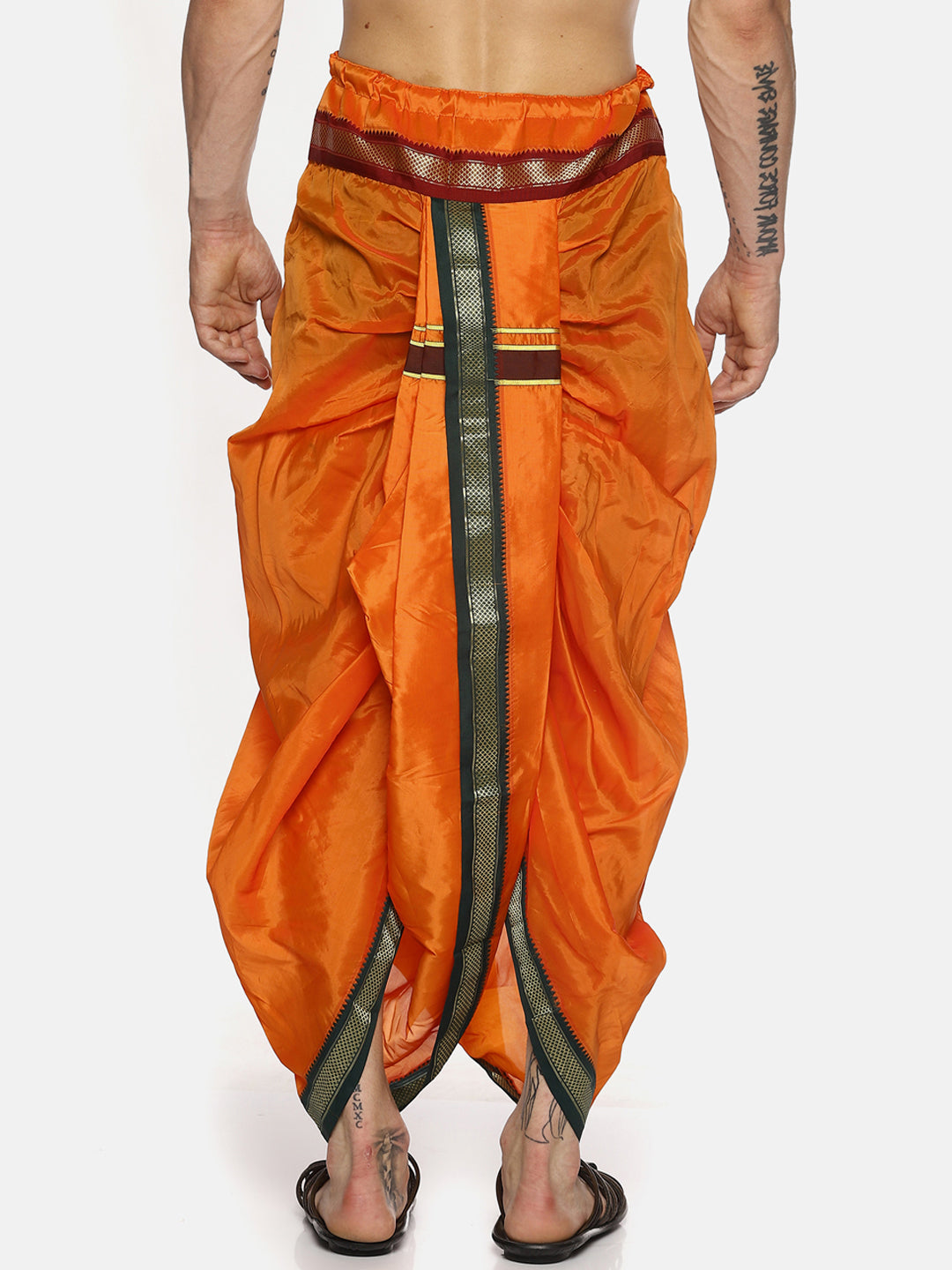 Sethukrishna Men Orange Solid Readymade Dhoti Pants With Angavastram | Swadesiicart