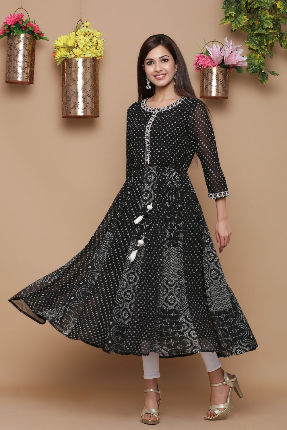 Juniper Womens Black Georgette Bandhani Print Kurta | Swadesiicart