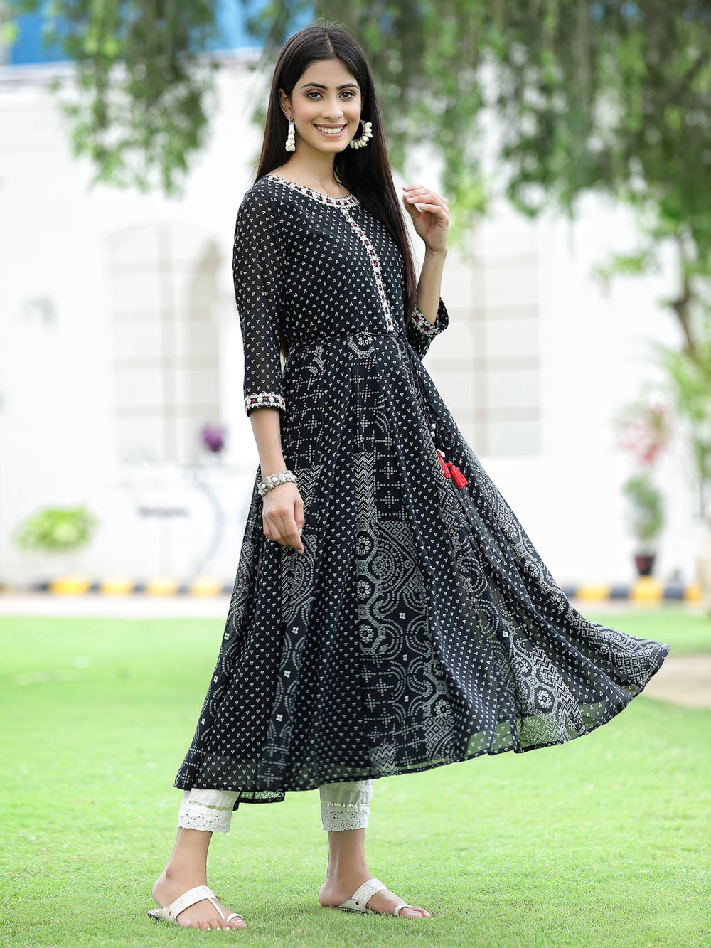 Juniper Women's Black Georgette Printed Anarkali Kurta | Swadesiicart