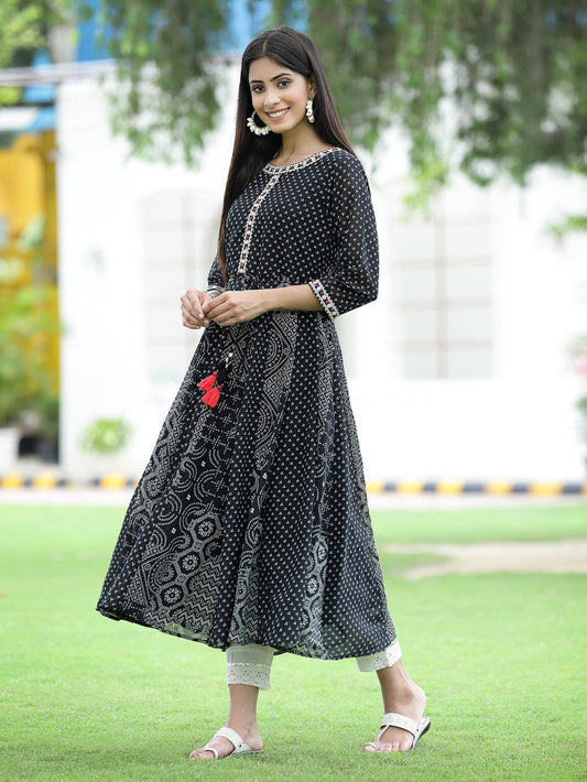 Juniper Women's Black Georgette Printed Anarkali Kurta | Swadesiicart