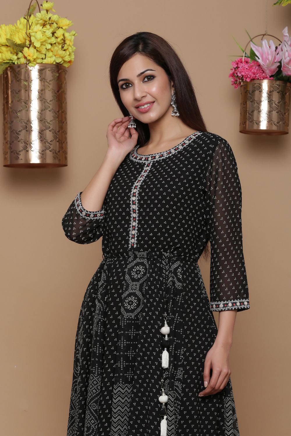 Juniper Womens Black Georgette Bandhani Print Kurta | Swadesiicart