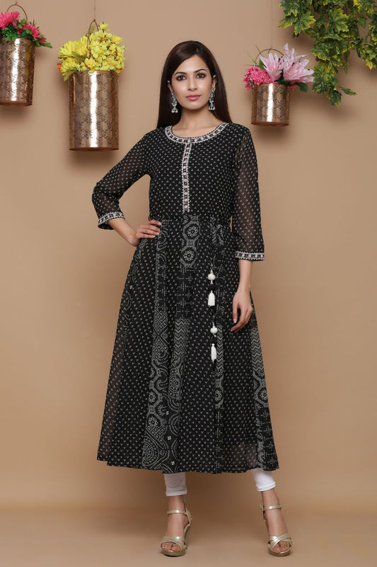 Juniper Womens Black Georgette Bandhani Print Kurta | Swadesiicart