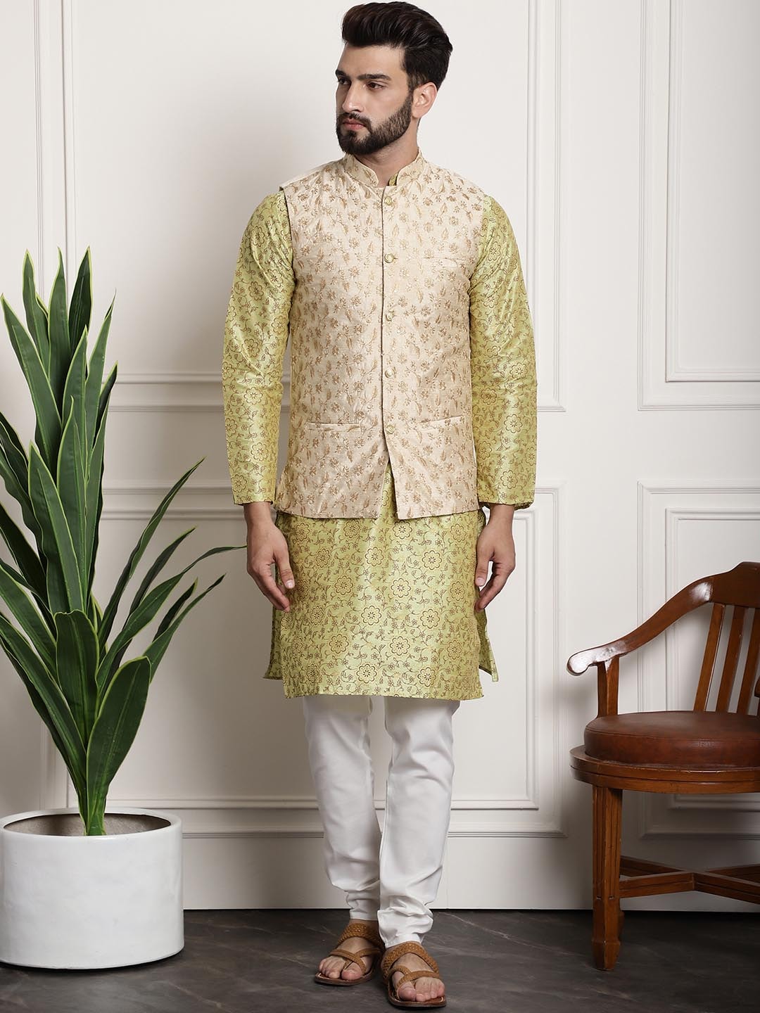 Sojanya Men Lime Green Ethnic Motifs Printed Kurta with Pyjamas & Nehru Jacket | Swadesiicart