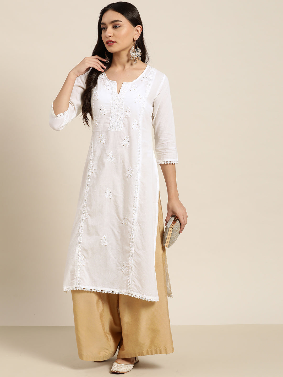 Juniper Women White Cotton Voile Embroidered Straight Kurta - Swadesiicart