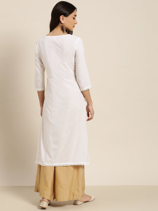 Juniper Women White Cotton Voile Embroidered Straight Kurta - Swadesiicart