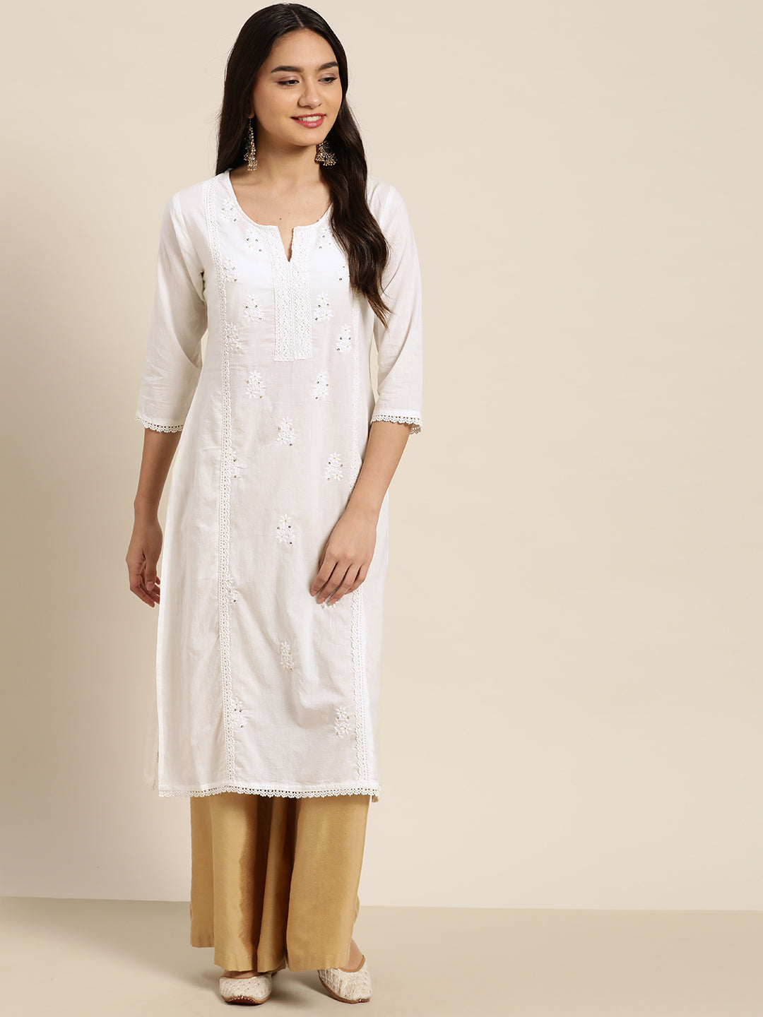 Juniper Women White Cotton Voile Embroidered Straight Kurta - Swadesiicart