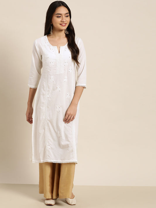 Juniper Women White Cotton Voile Embroidered Straight Kurta - Swadesiicart