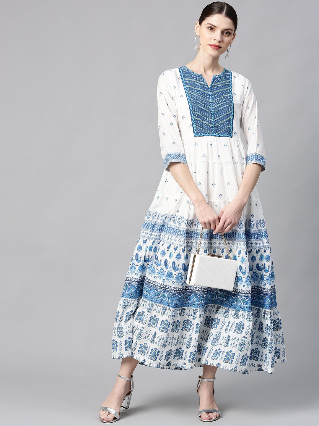 Juniper Women Blue Cotton Embroidered & Printed Tiered Dress | Swadesiicart