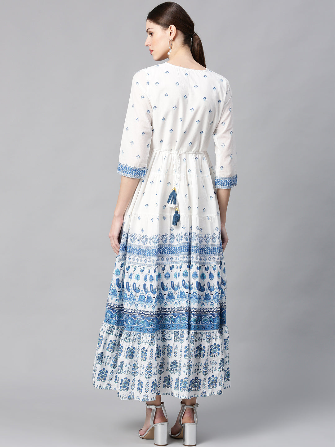 Juniper Women Blue Cotton Embroidered & Printed Tiered Dress | Swadesiicart