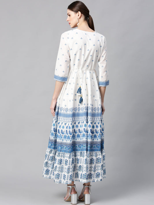 Juniper Women Blue Cotton Embroidered & Printed Tiered Dress | Swadesiicart