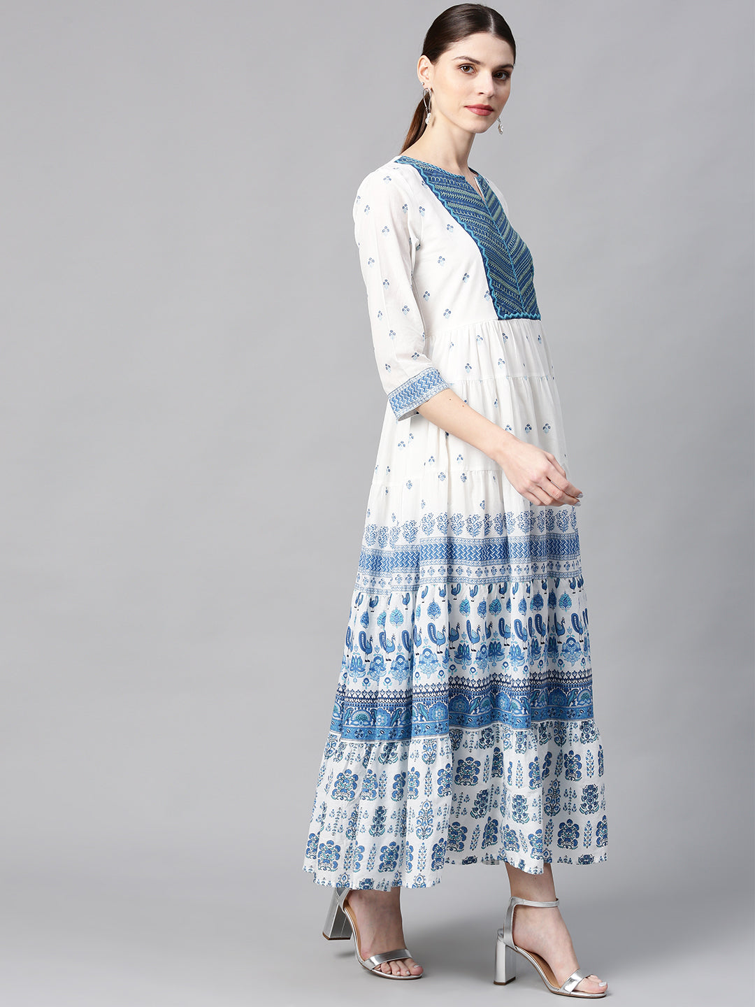 Juniper Women Blue Cotton Embroidered & Printed Tiered Dress | Swadesiicart