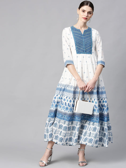 Juniper Women Blue Cotton Embroidered & Printed Tiered Dress | Swadesiicart