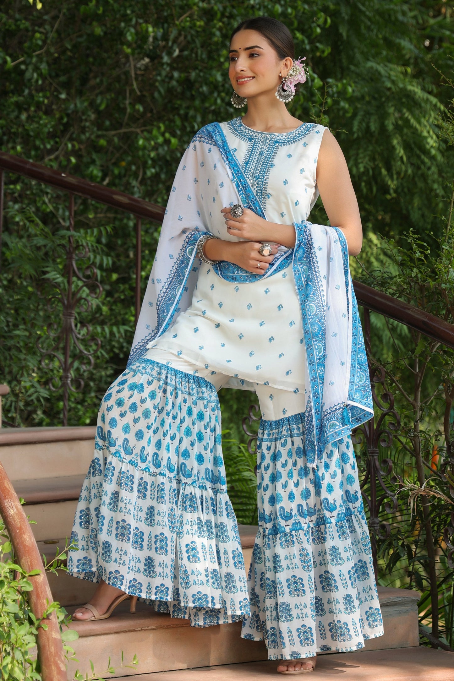Juniper Womens Blue Embroidered And Printed Kurta Sharara Dupatta Set | Swadesiicart