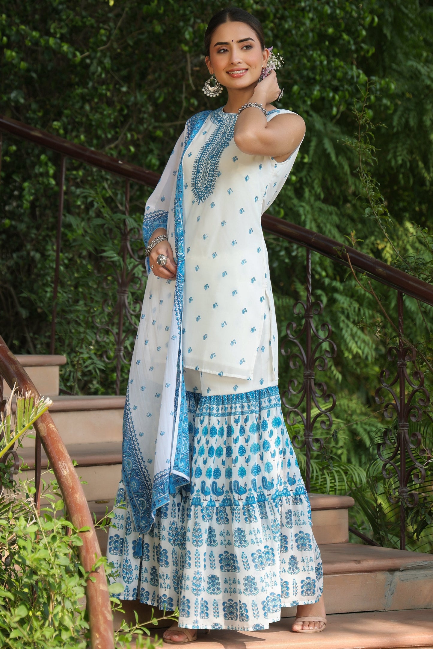 Juniper Womens Blue Embroidered And Printed Kurta Sharara Dupatta Set | Swadesiicart