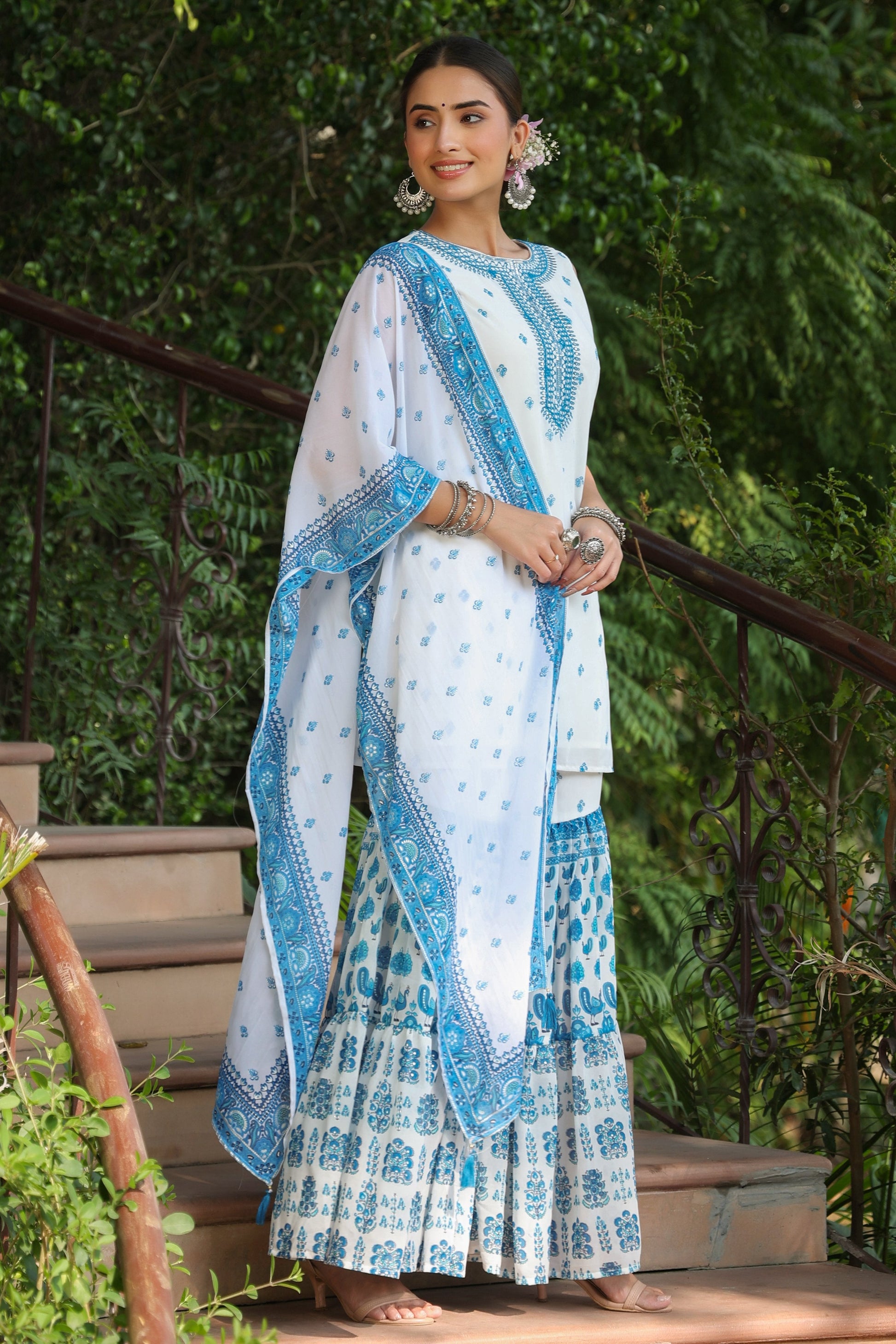 Juniper Womens Blue Embroidered And Printed Kurta Sharara Dupatta Set | Swadesiicart