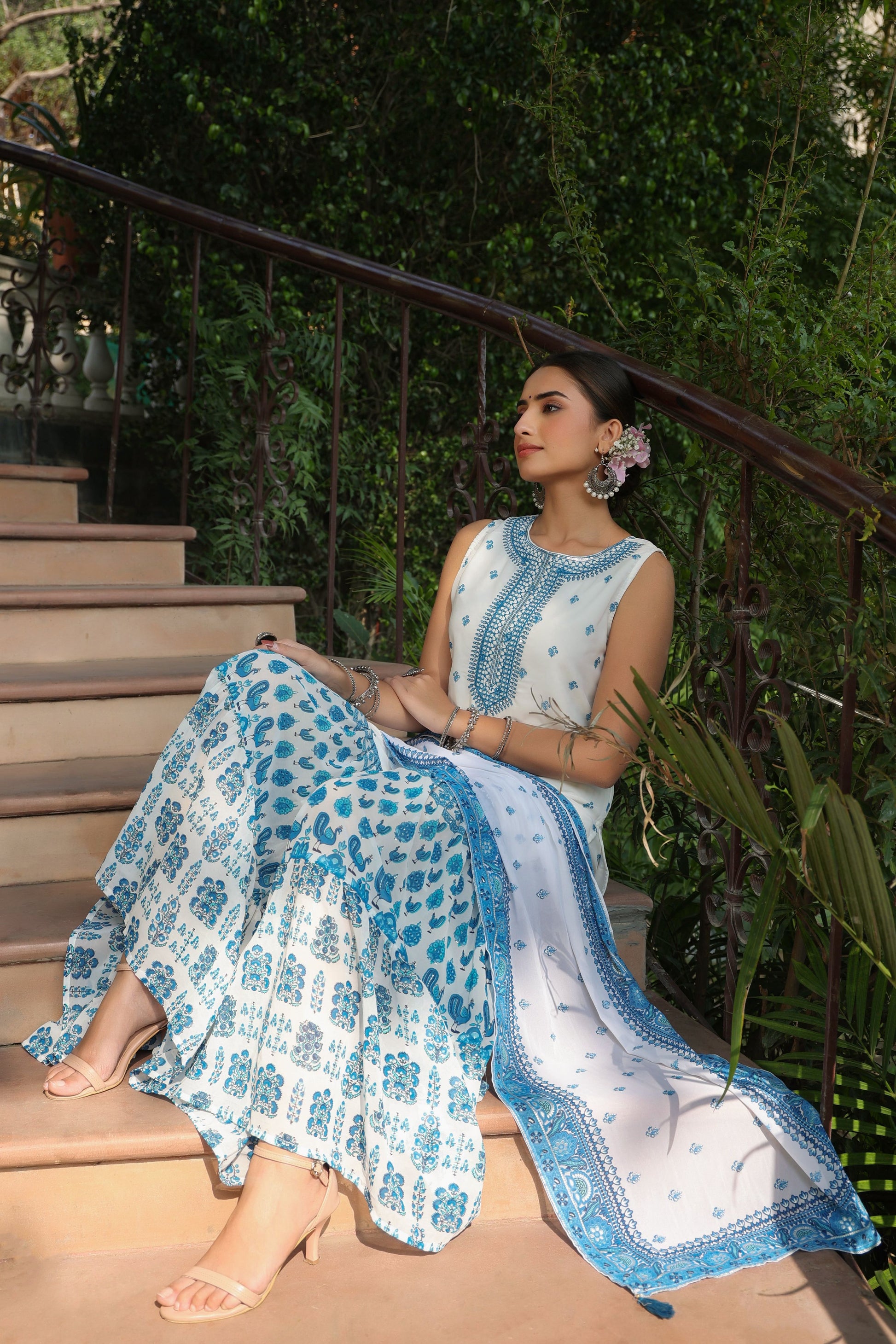 Juniper Womens Blue Embroidered And Printed Kurta Sharara Dupatta Set | Swadesiicart