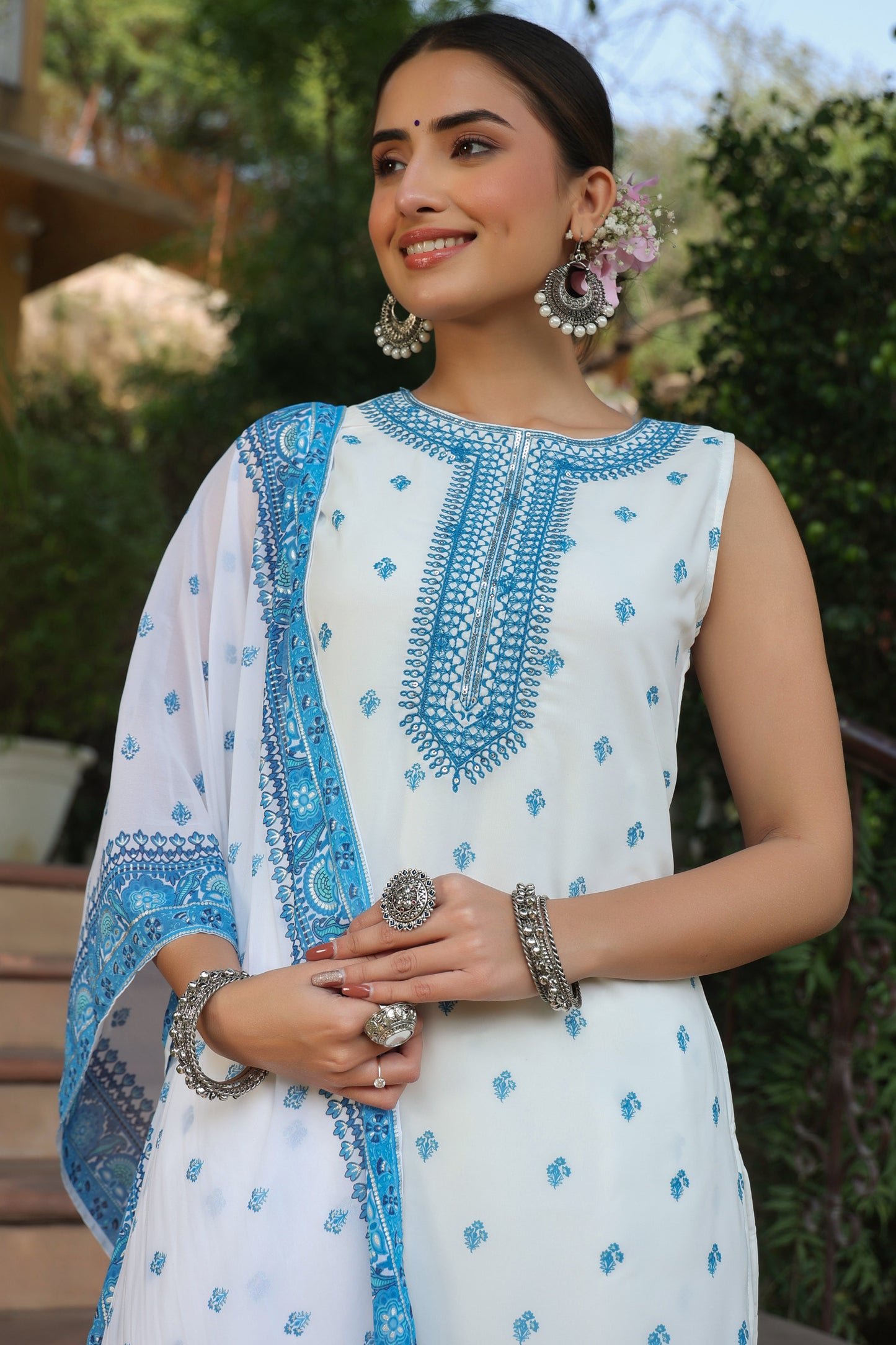 Juniper Womens Blue Embroidered And Printed Kurta Sharara Dupatta Set | Swadesiicart