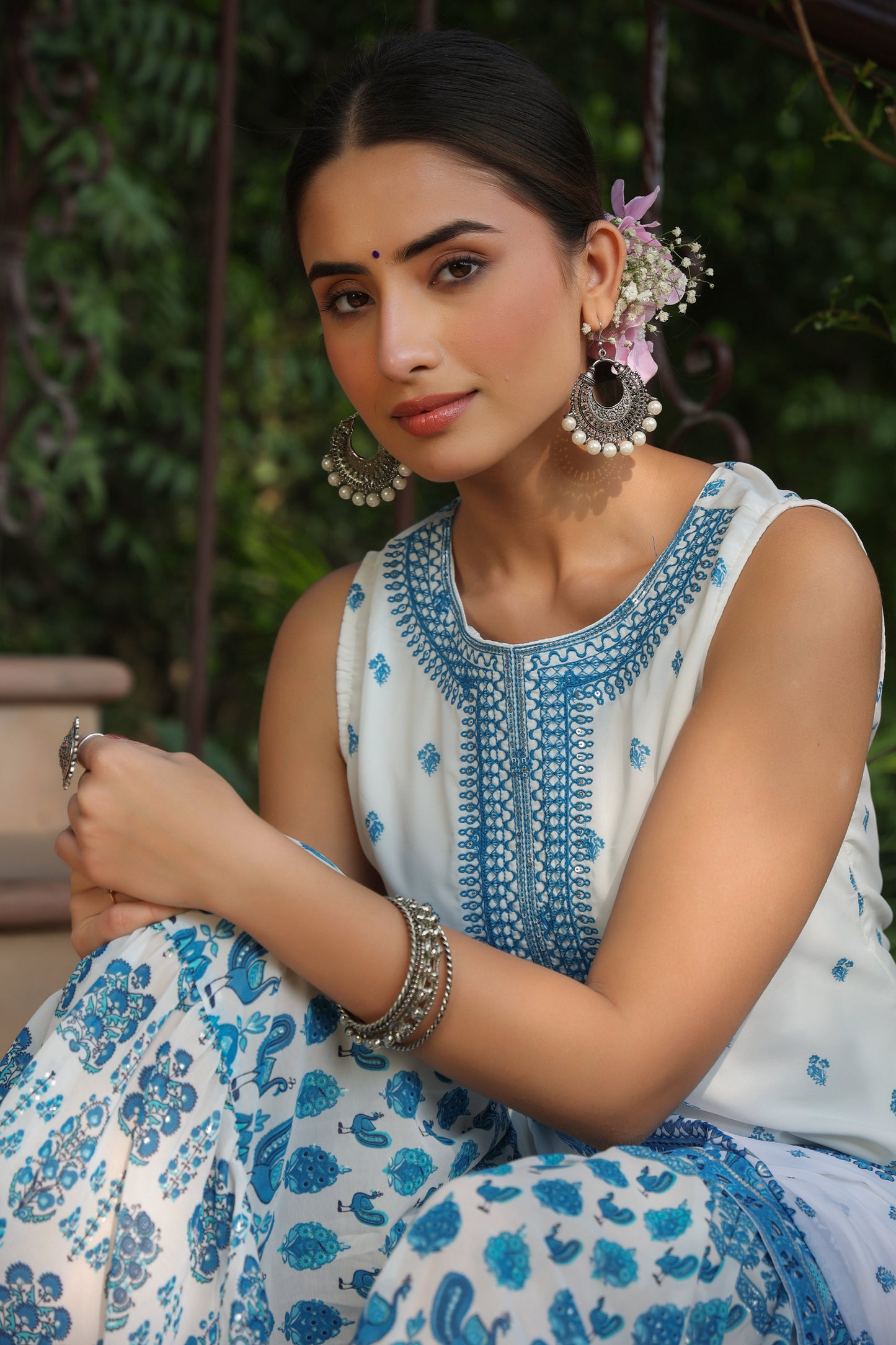 Juniper Womens Blue Embroidered And Printed Kurta Sharara Dupatta Set | Swadesiicart