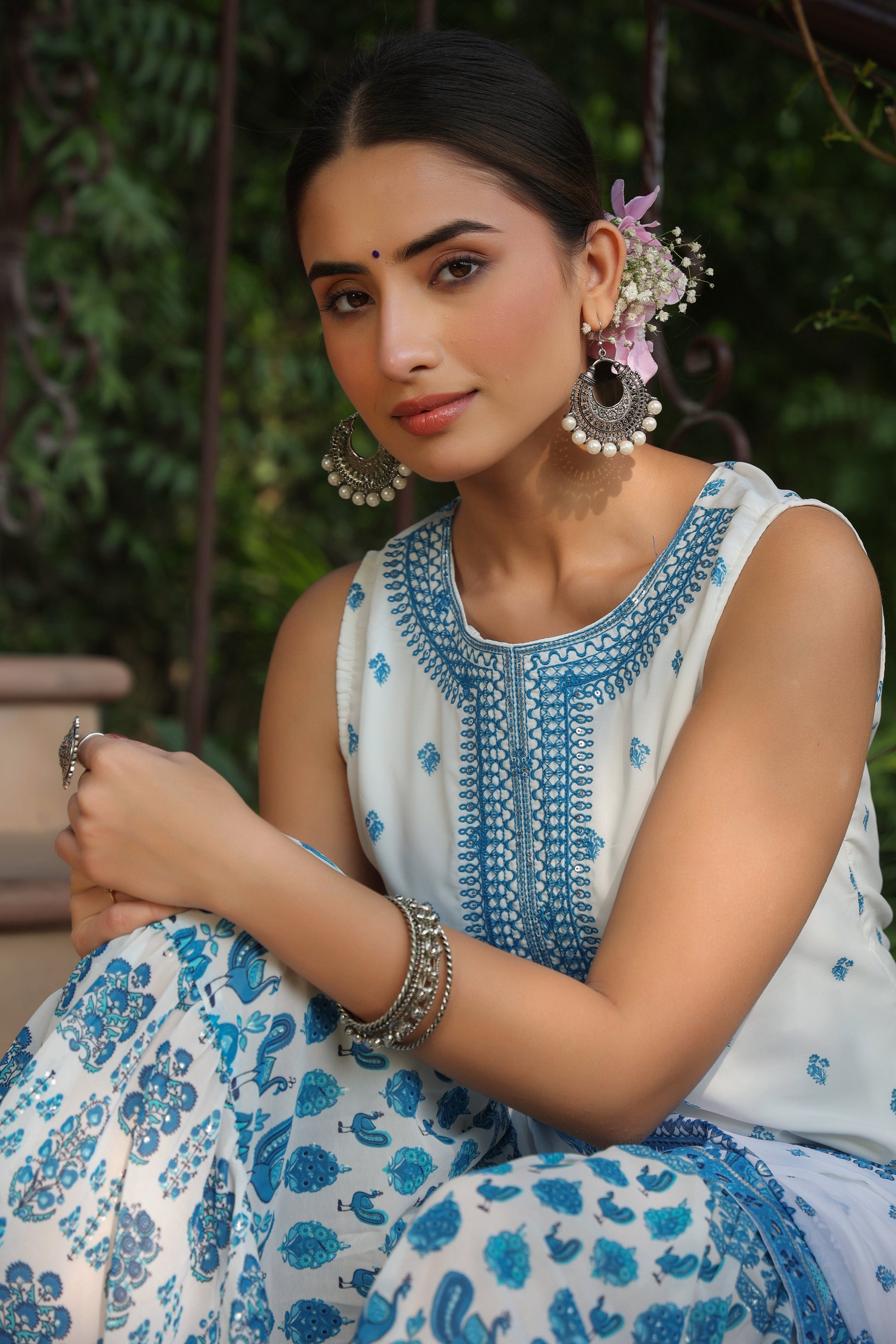 Juniper Womens Blue Embroidered And Printed Kurta Sharara Dupatta Set | Swadesiicart