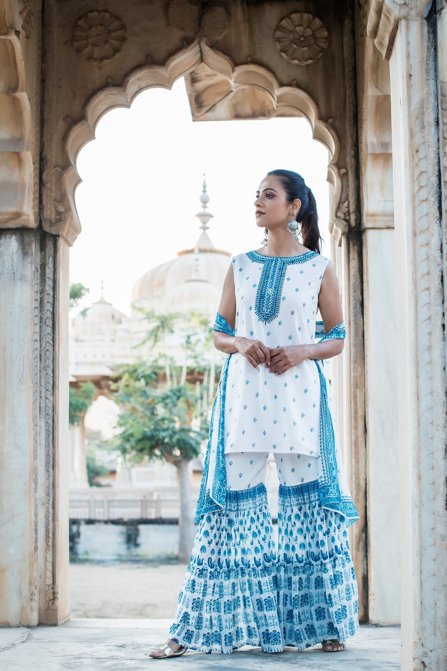 Juniper Womens Blue Embroidered And Printed Kurta Sharara Dupatta Set | Swadesiicart