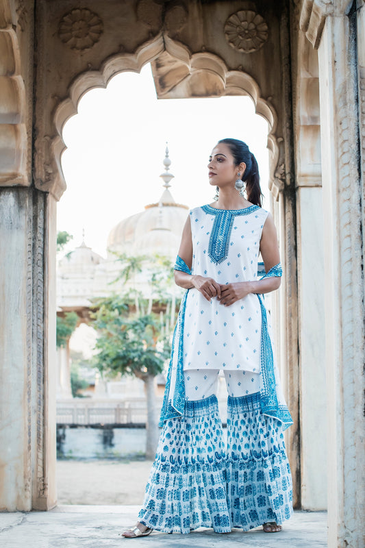 Juniper Womens Blue Embroidered And Printed Kurta Sharara Dupatta Set | Swadesiicart