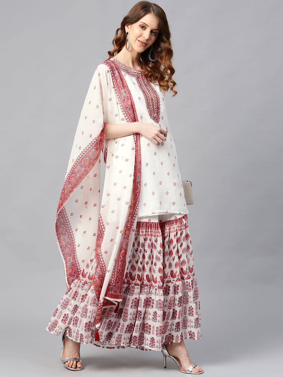 Juniper Womens Maroon Embroidered And Printed Kurta Sharara Dupatta Set | Swadesiicart