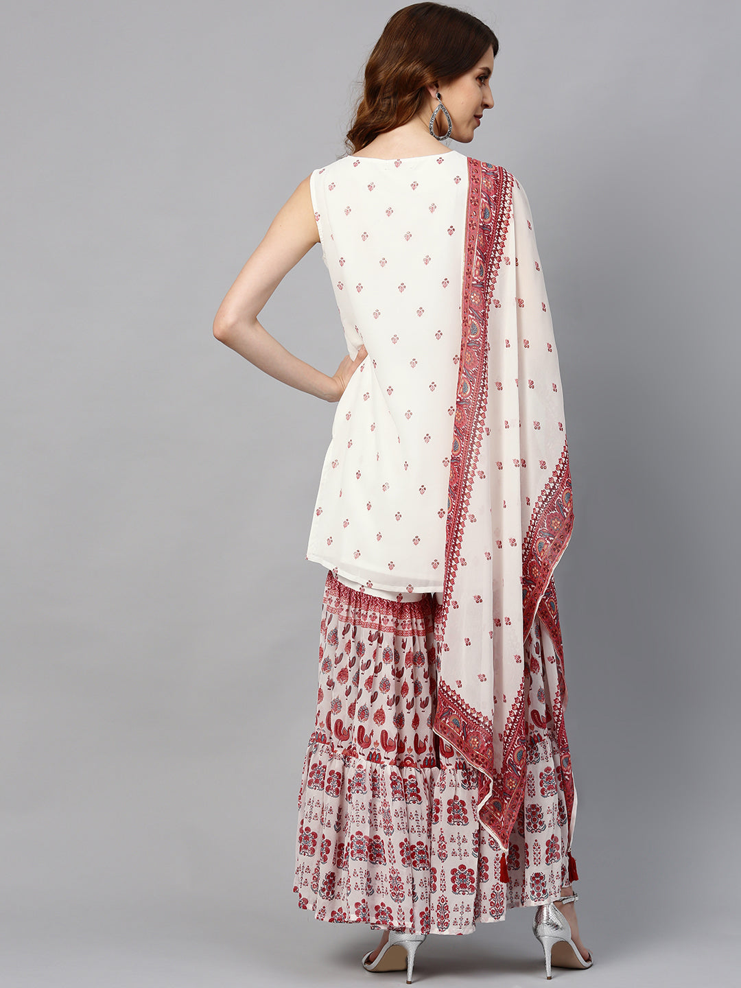 Juniper Womens Maroon Embroidered And Printed Kurta Sharara Dupatta Set | Swadesiicart