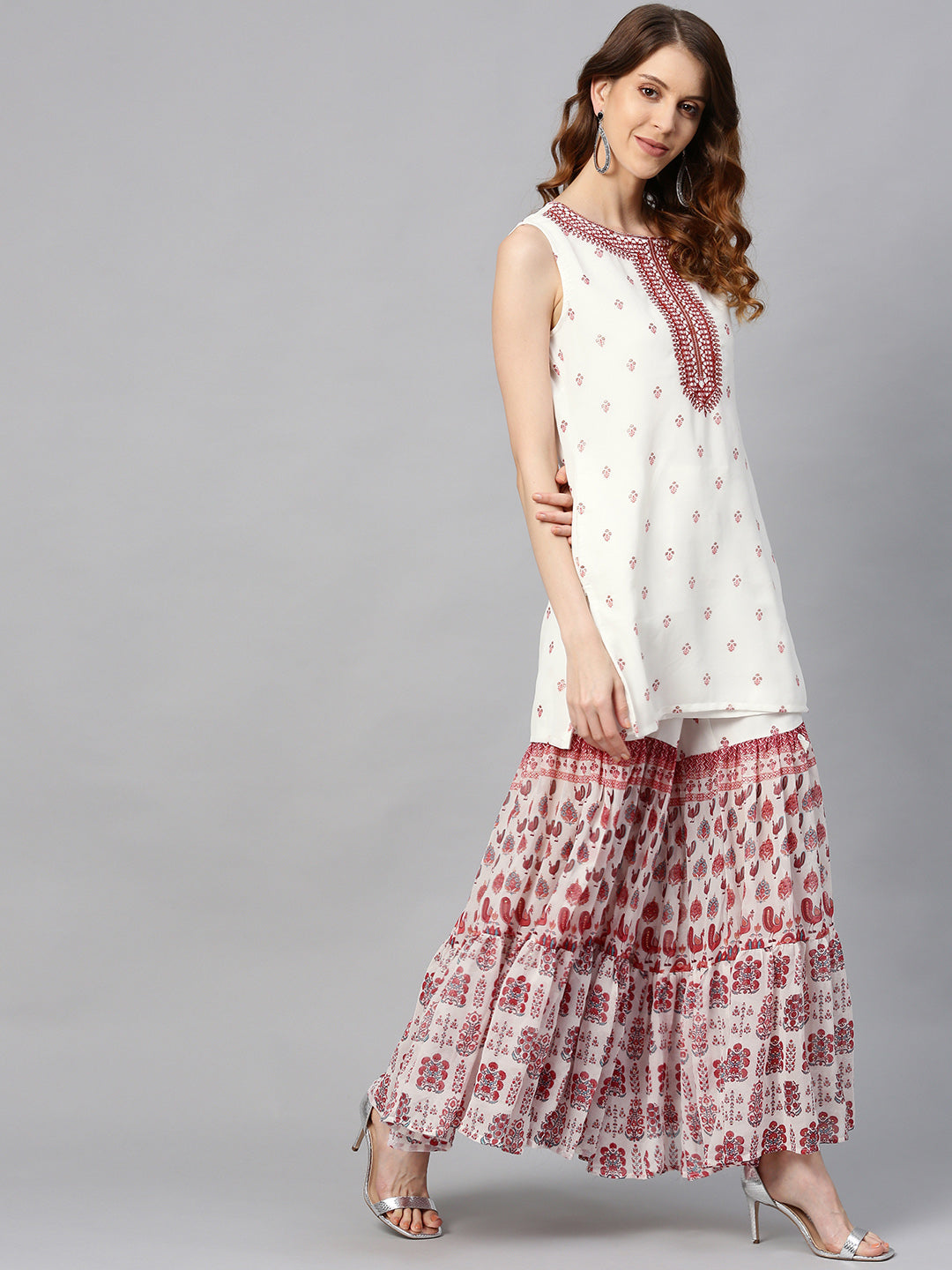 Juniper Womens Maroon Embroidered And Printed Kurta Sharara Dupatta Set | Swadesiicart