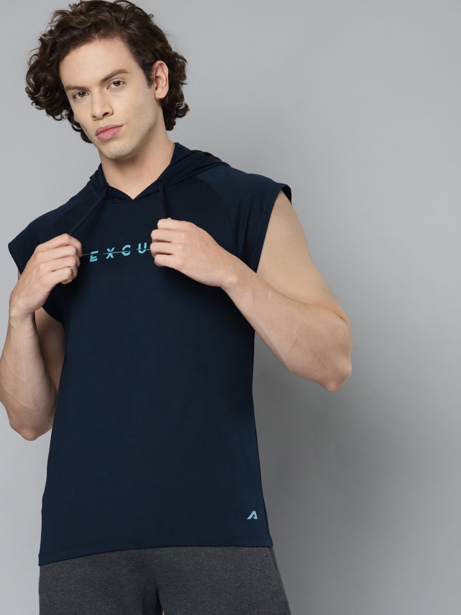 Alcis Men Navy Blue Typography Printed Slim Fit Running T-shirt | Swadesiicart