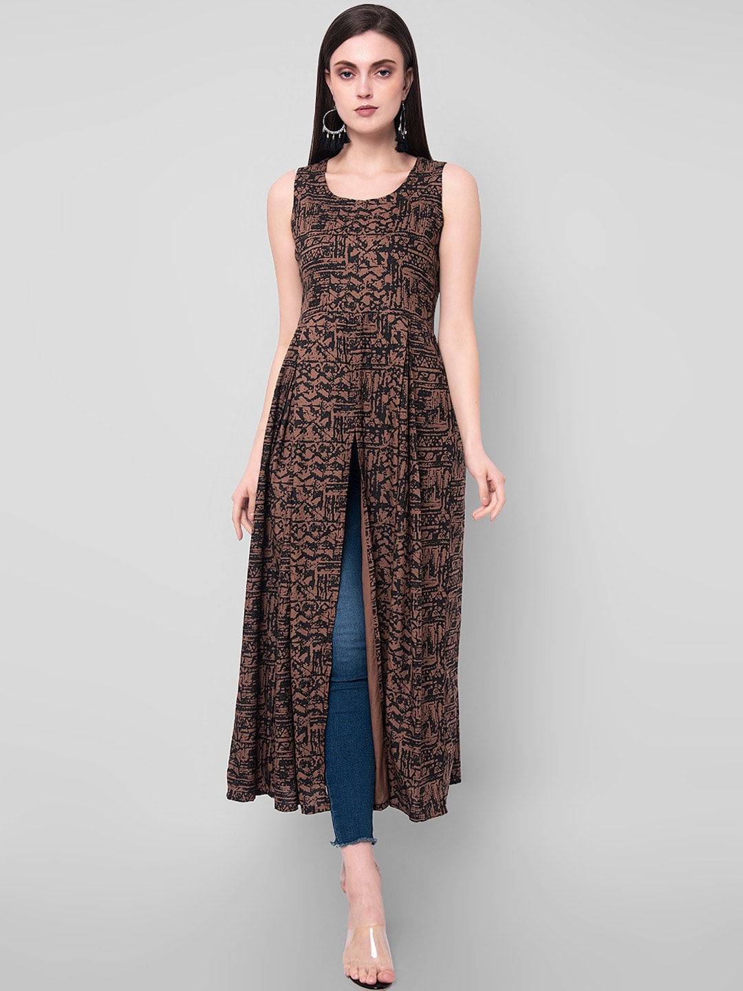 Kalini Women Brown & Black Abstract Print A-Line Kurta - Swadesiicart