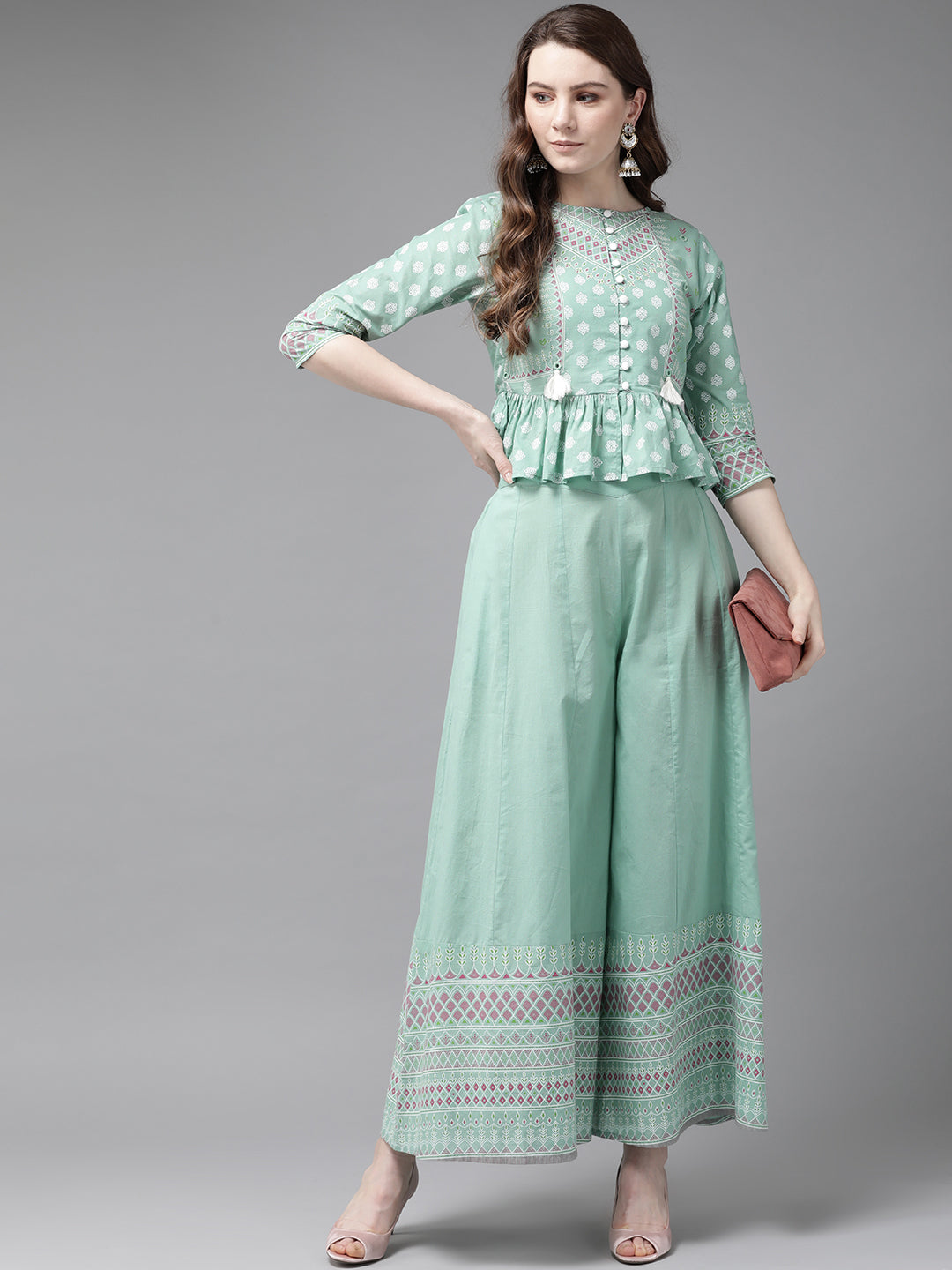 Juniper Womens Mint Floral Printed Cambric Clothing Set | Swadesiicart