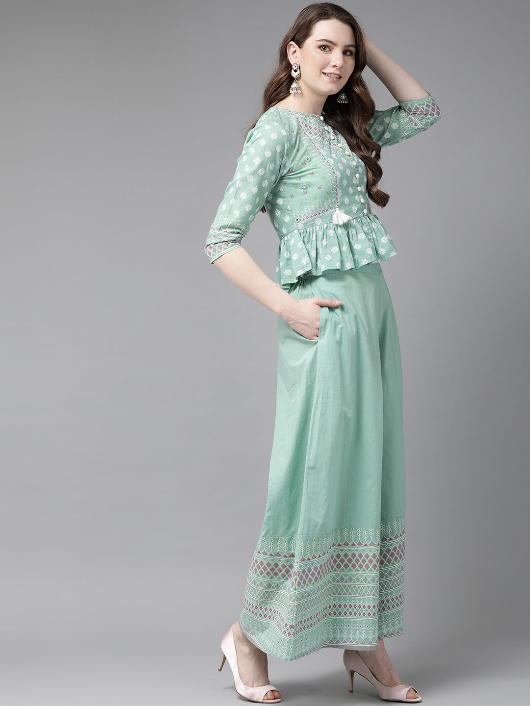 Juniper Womens Mint Floral Printed Cambric Clothing Set | Swadesiicart
