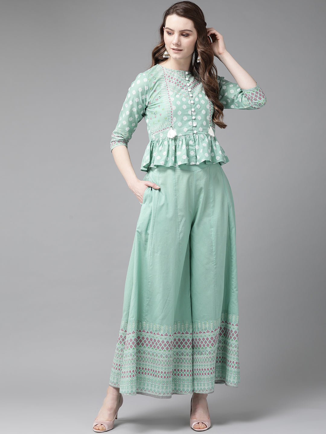 Juniper Womens Mint Floral Printed Cambric Clothing Set | Swadesiicart
