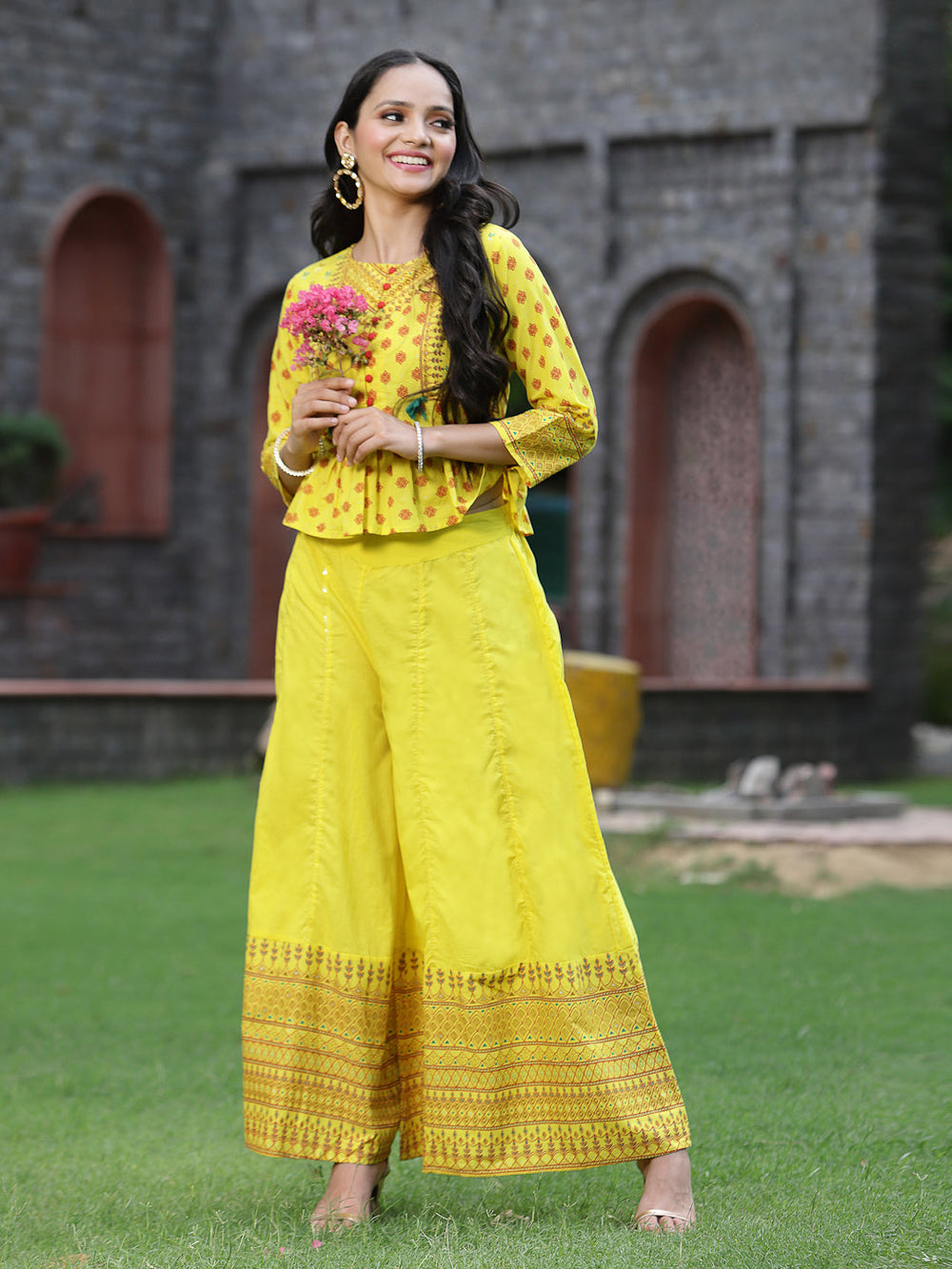 Juniper Women's Yellow Cambric Printed Peplum Clothing Set | Swadesiicart