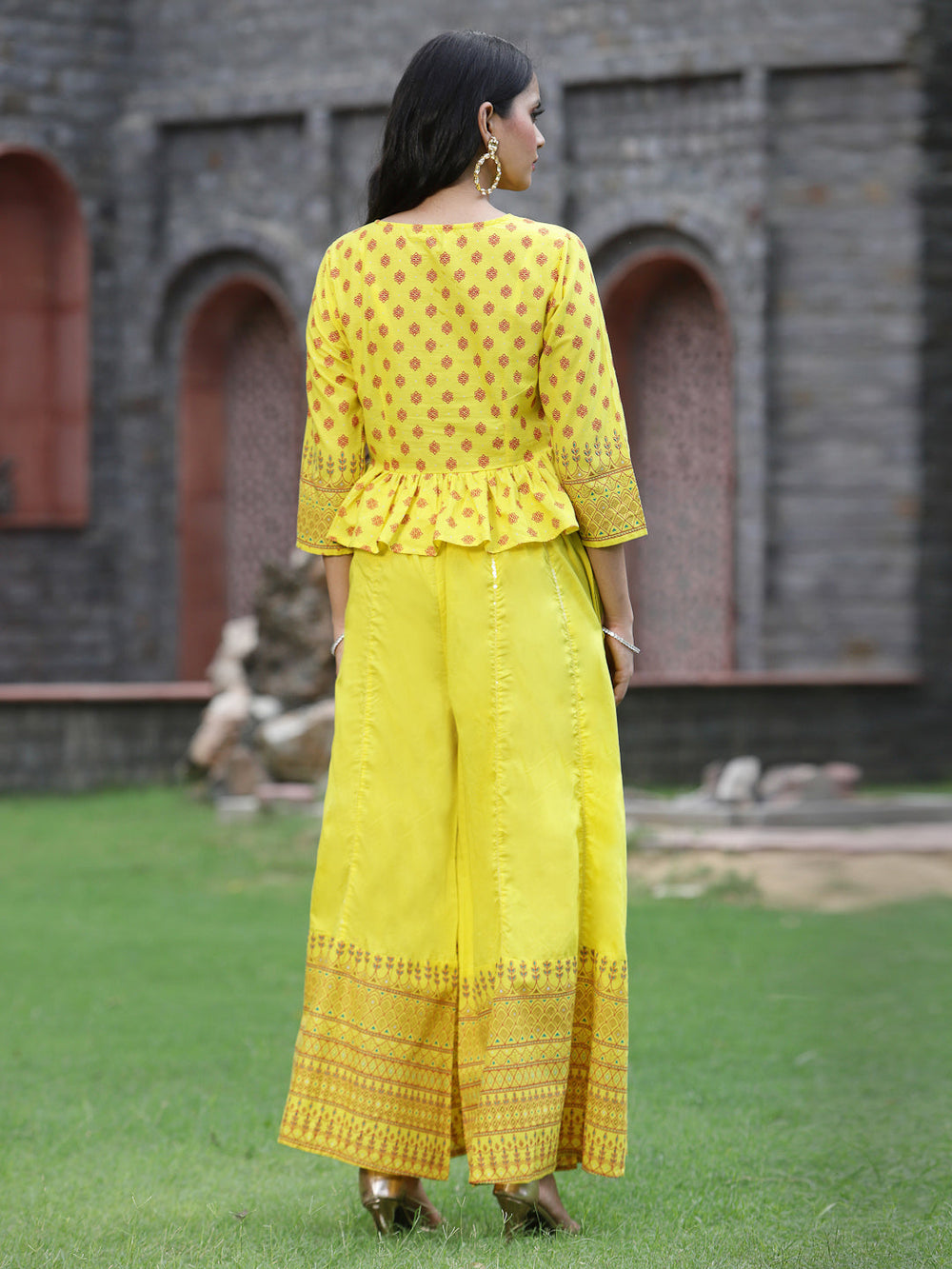 Juniper Women's Yellow Cambric Printed Peplum Clothing Set | Swadesiicart