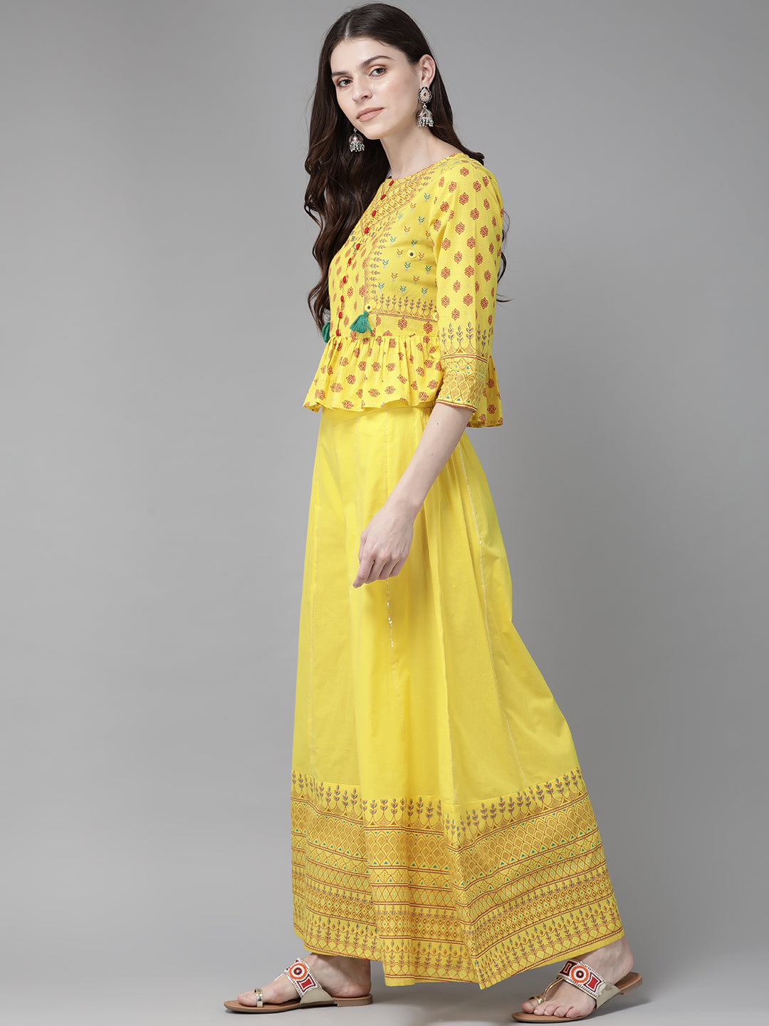 Juniper Women Yellow Cambric Printed Peplum Clothing Set | Swadesiicart