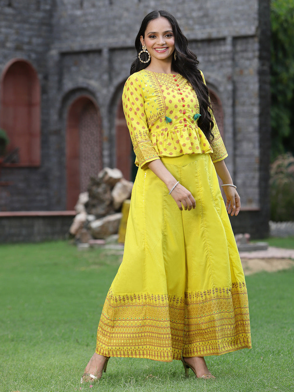 Juniper Women's Yellow Cambric Printed Peplum Clothing Set | Swadesiicart