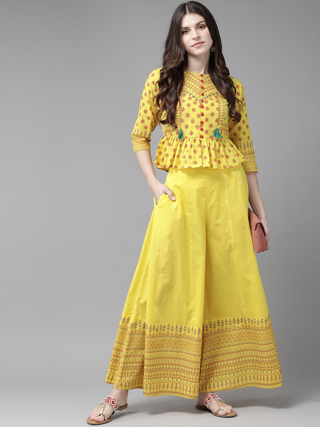 Juniper Women Yellow Cambric Printed Peplum Clothing Set | Swadesiicart